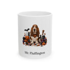 Personalized Basset Hound dog Halloween mug, 15oz white ceramic, with custom pet name on front