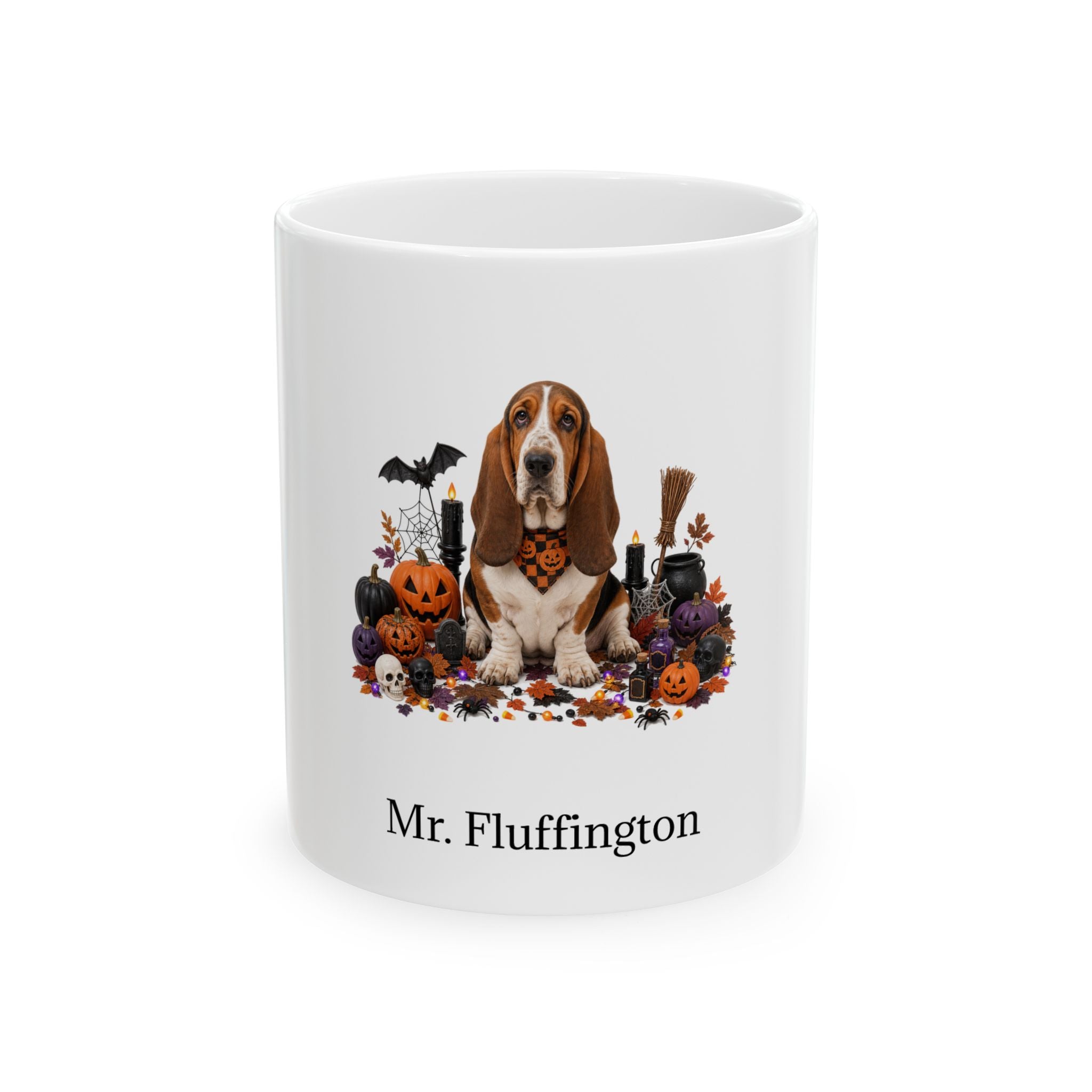 Personalized Basset Hound dog Halloween mug, 15oz white ceramic, with custom pet name on front