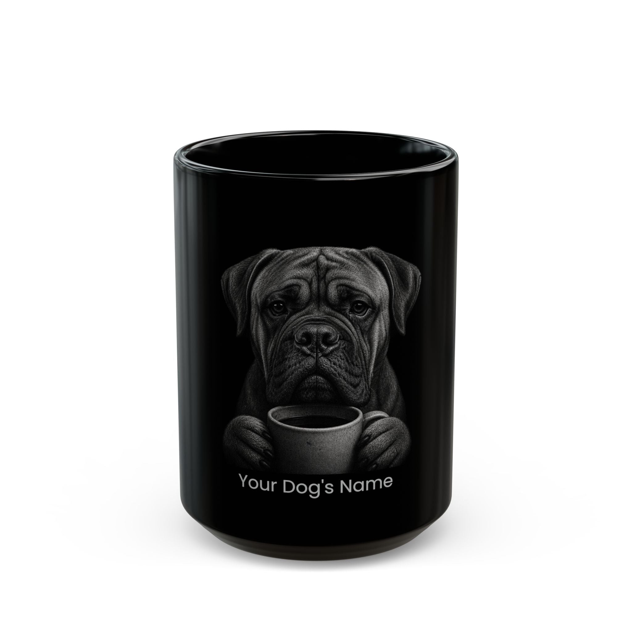 Personalized Bullmastiff black ceramic coffee mug with custom dog name