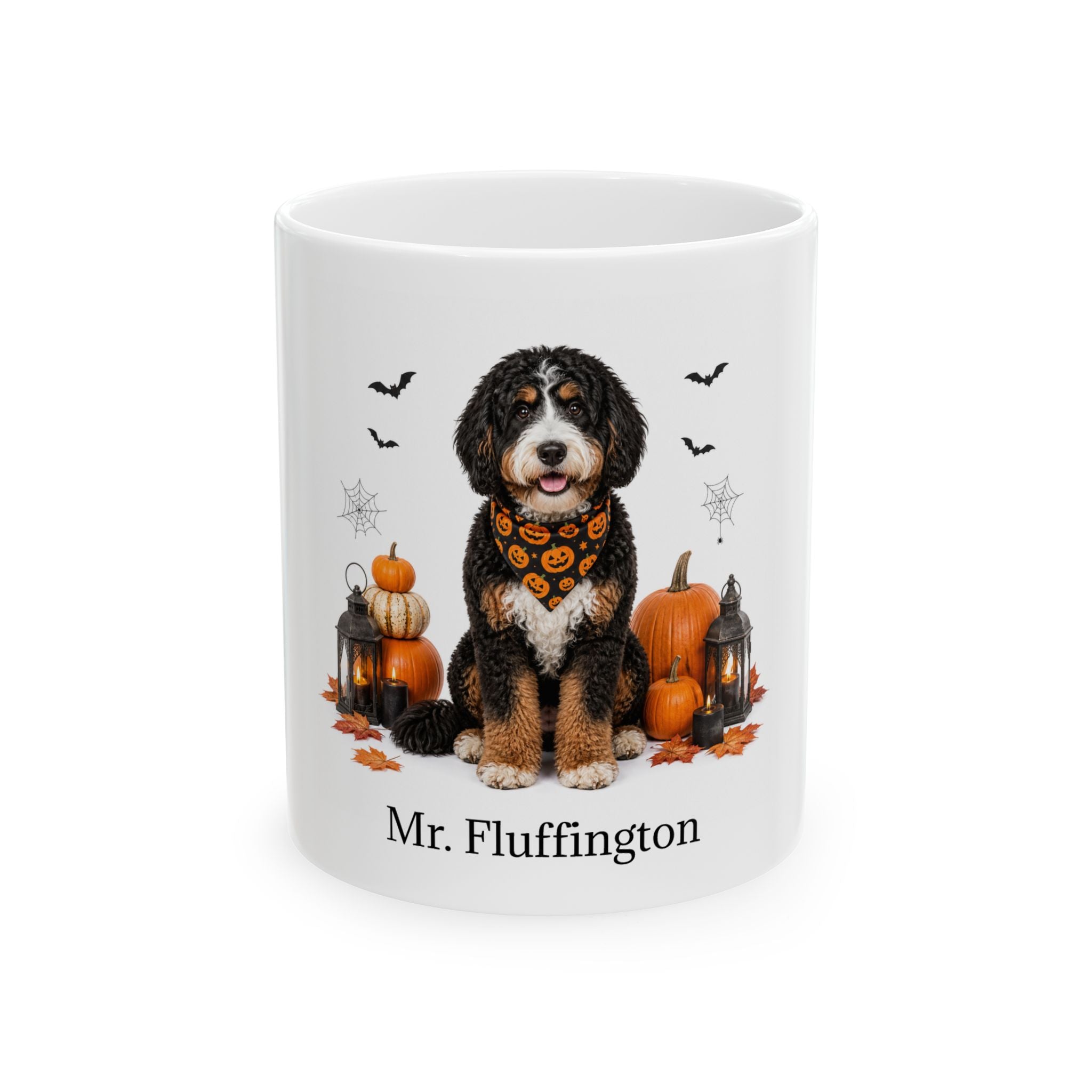 Personalized Bernedoodle Dog Mug – Custom Pet Name Halloween Gift