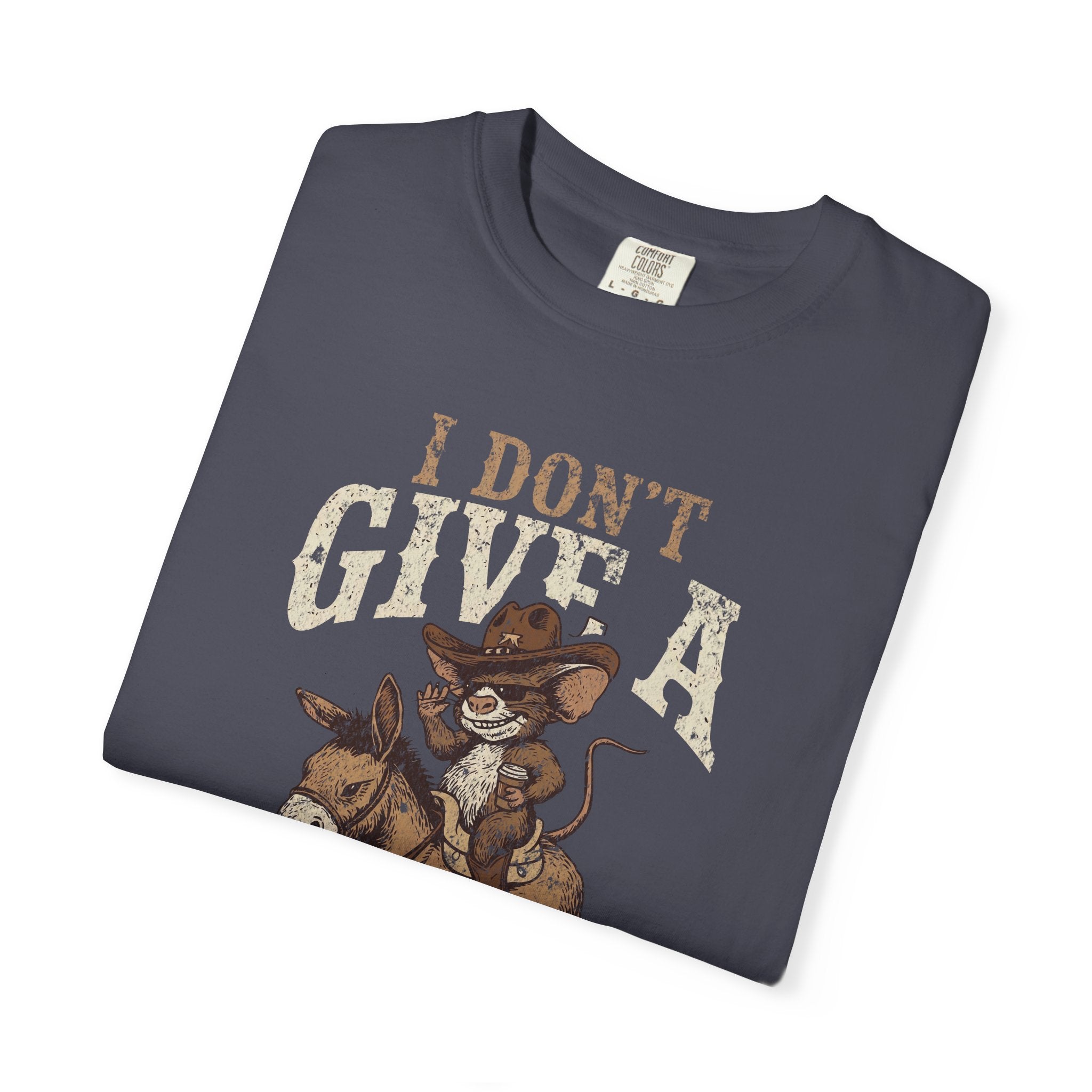 Dark grey unisex t-shirt with a distressed graphic of a cowboy rat riding a donkey.