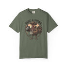 Olive green t-shirt featuring a graphic of a cowboy rooster pouring coffee into a mug.