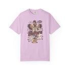 Light purple unisex cotton t-shirt featuring a distressed graphic of a rooster making coffee.
