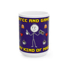 A white ceramic mug featuring a stick figure holding a coffee cup and a retro game controller.