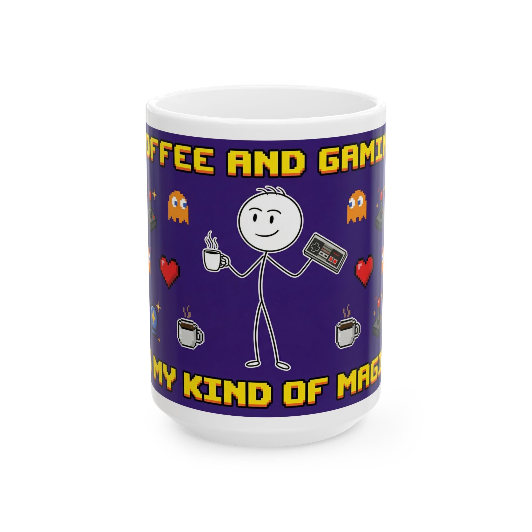 A white ceramic mug featuring a stick figure holding a coffee cup and a retro game controller.