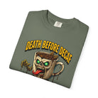 Olive green unisex cotton t-shirt with a gothic zombie coffee mug graphic and text.