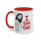 White ceramic coffee mug with a red handle and interior, featuring a drawing of Jesus peeking.