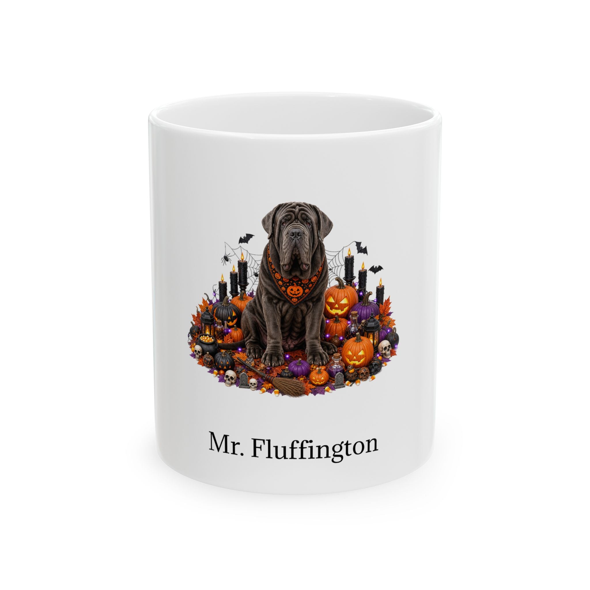 Personalized Neapolitan Mastiff dog Halloween mug, 11oz white ceramic, with custom pet name on front