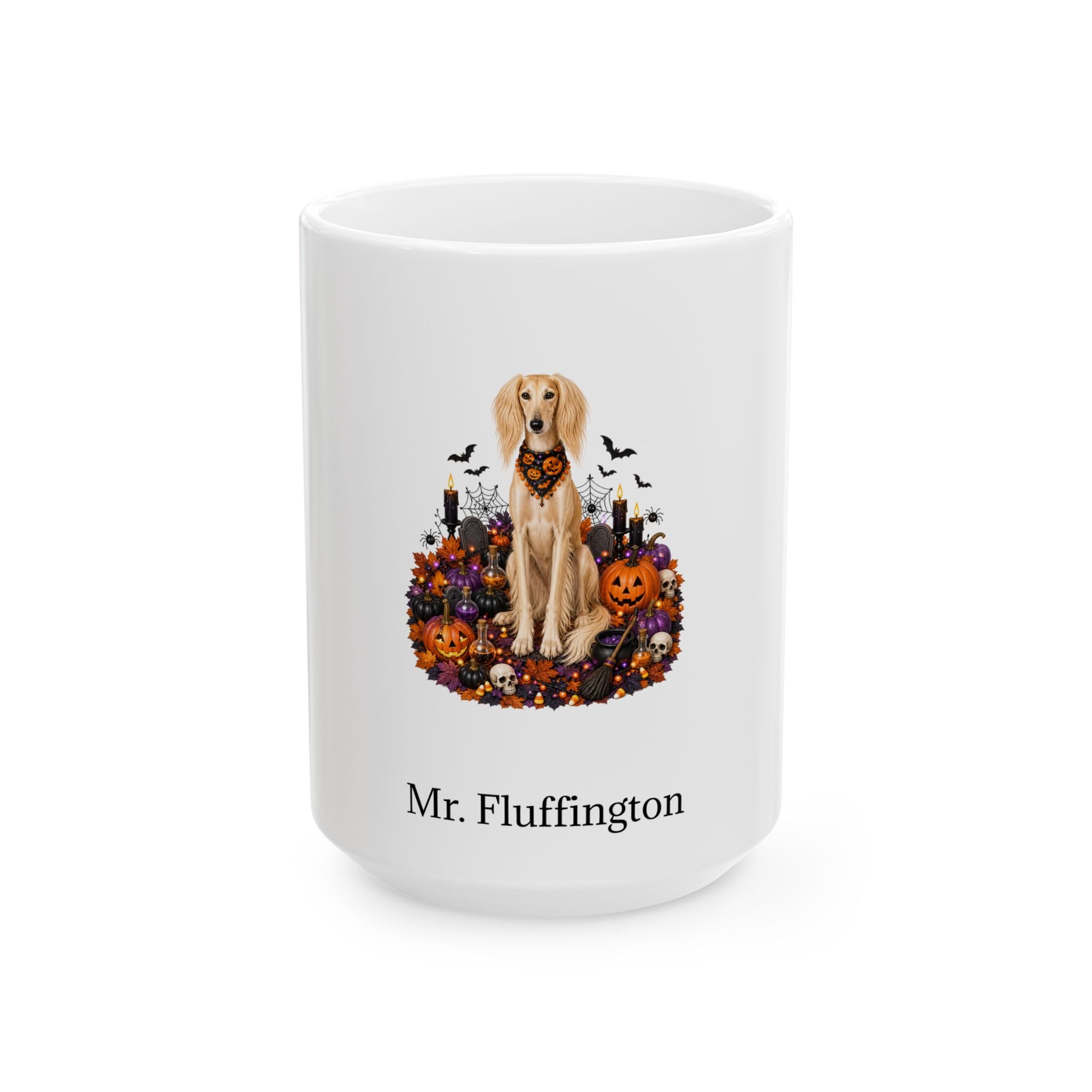 Personalized Saluki dog Halloween mug, 15oz white ceramic, with custom pet name on front