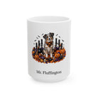 Personalized Miniature American Shepherd dog Halloween mug, 11oz white ceramic, with custom pet name on front