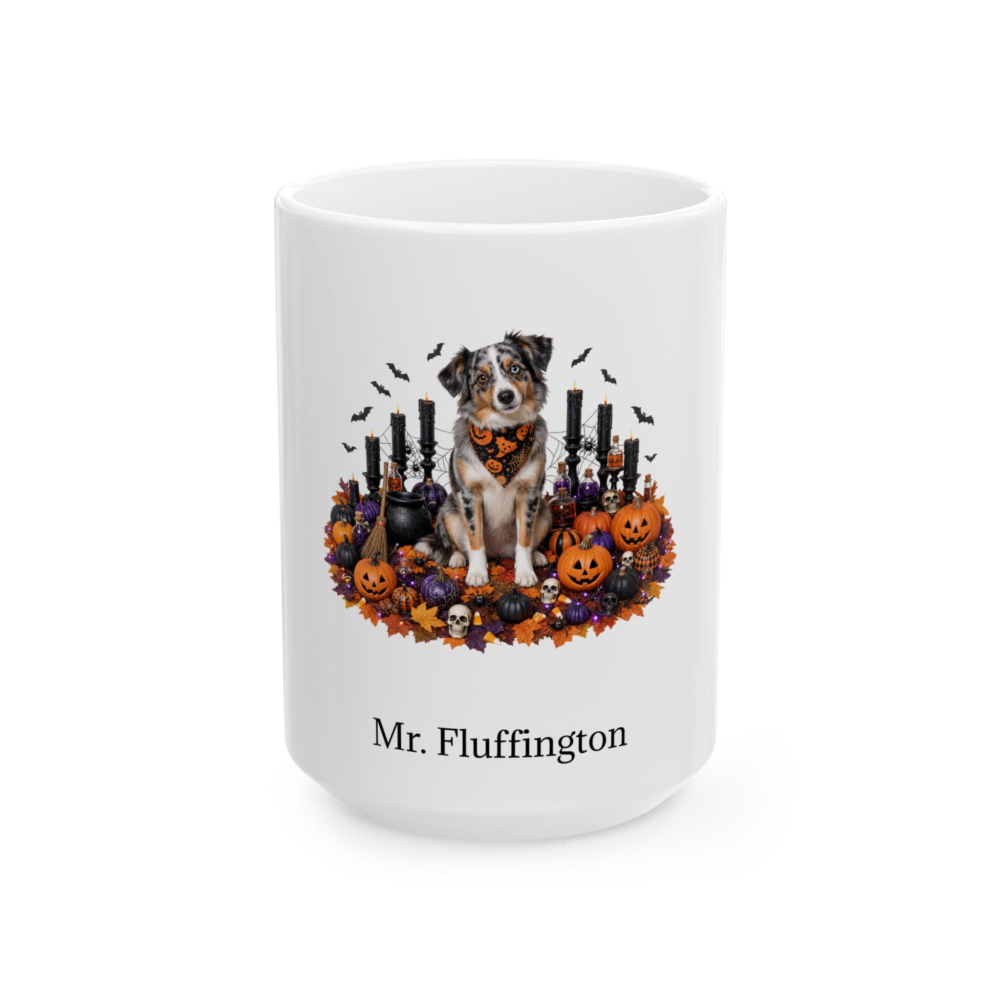 Personalized Miniature American Shepherd dog Halloween mug, 11oz white ceramic, with custom pet name on front