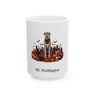 Personalized Irish Wolfhound dog Halloween mug, 15oz white ceramic, with custom pet name on front