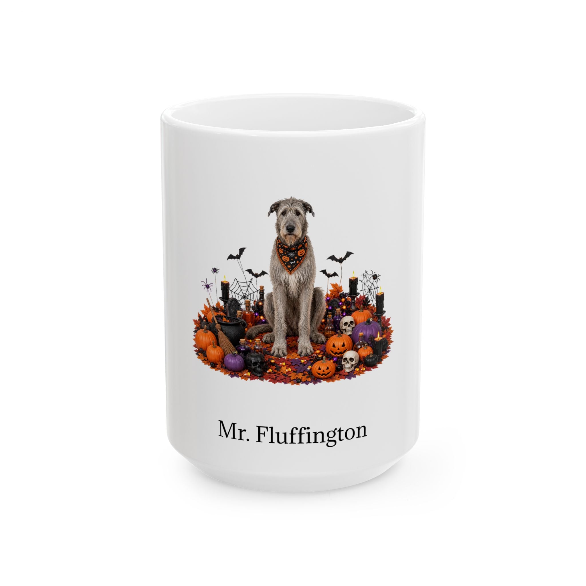 Personalized Irish Wolfhound dog Halloween mug, 15oz white ceramic, with custom pet name on front