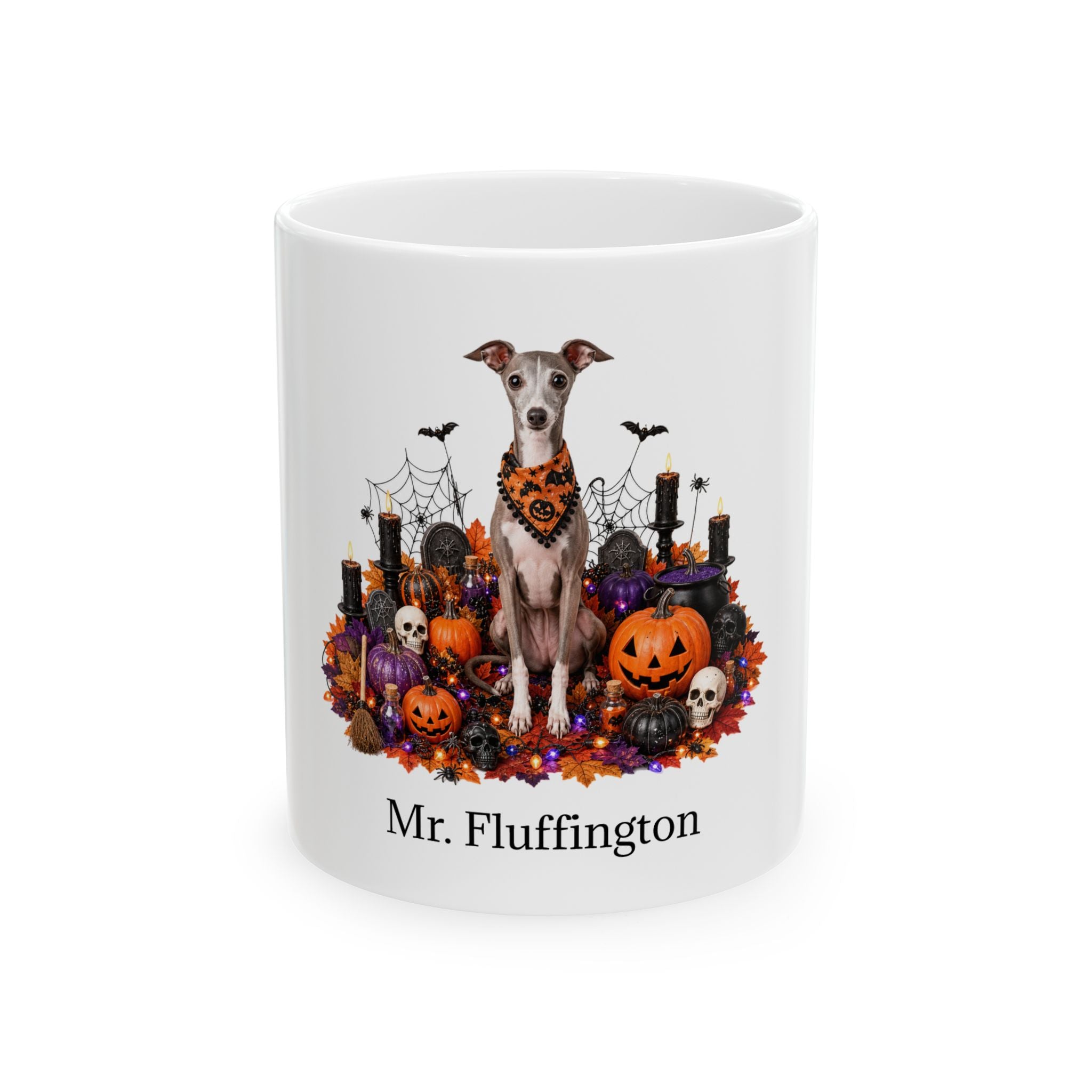 Personalized Italian Greyhound Halloween mug with custom dog name, front product view