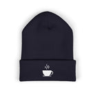 A navy blue cuffed beanie with a white embroidered coffee cup.