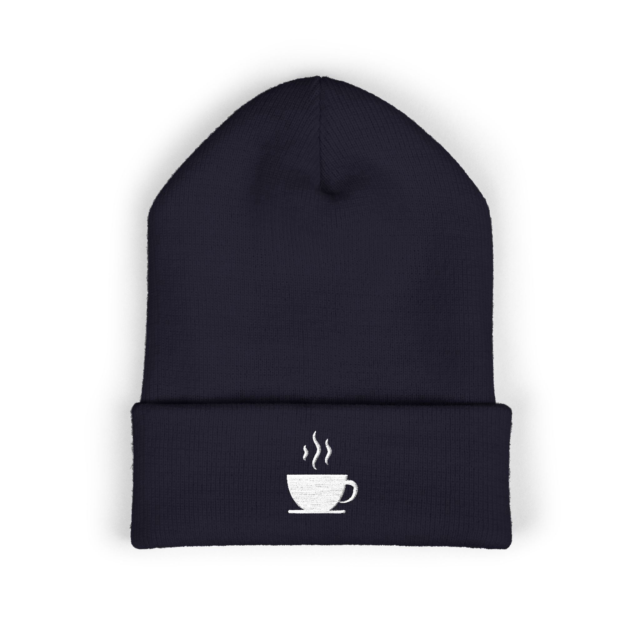 A navy blue cuffed beanie with a white embroidered coffee cup.