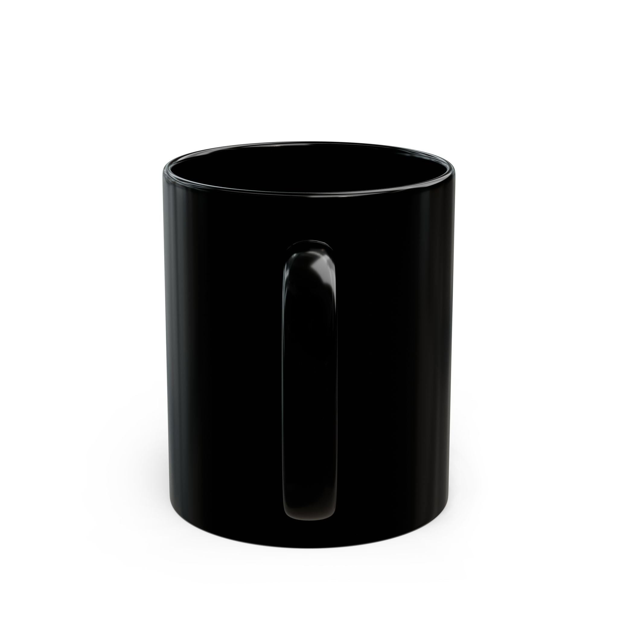 A plain black ceramic coffee mug viewed from the side, showing the handle.