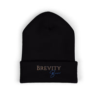 Black cuffed beanie with "Brevity Brew" embroidery.