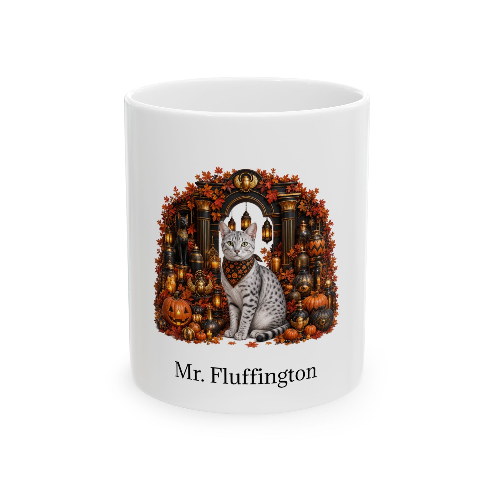 Personalized Egyptian Mau cat Halloween mug, 11oz white ceramic, with custom pet name on front