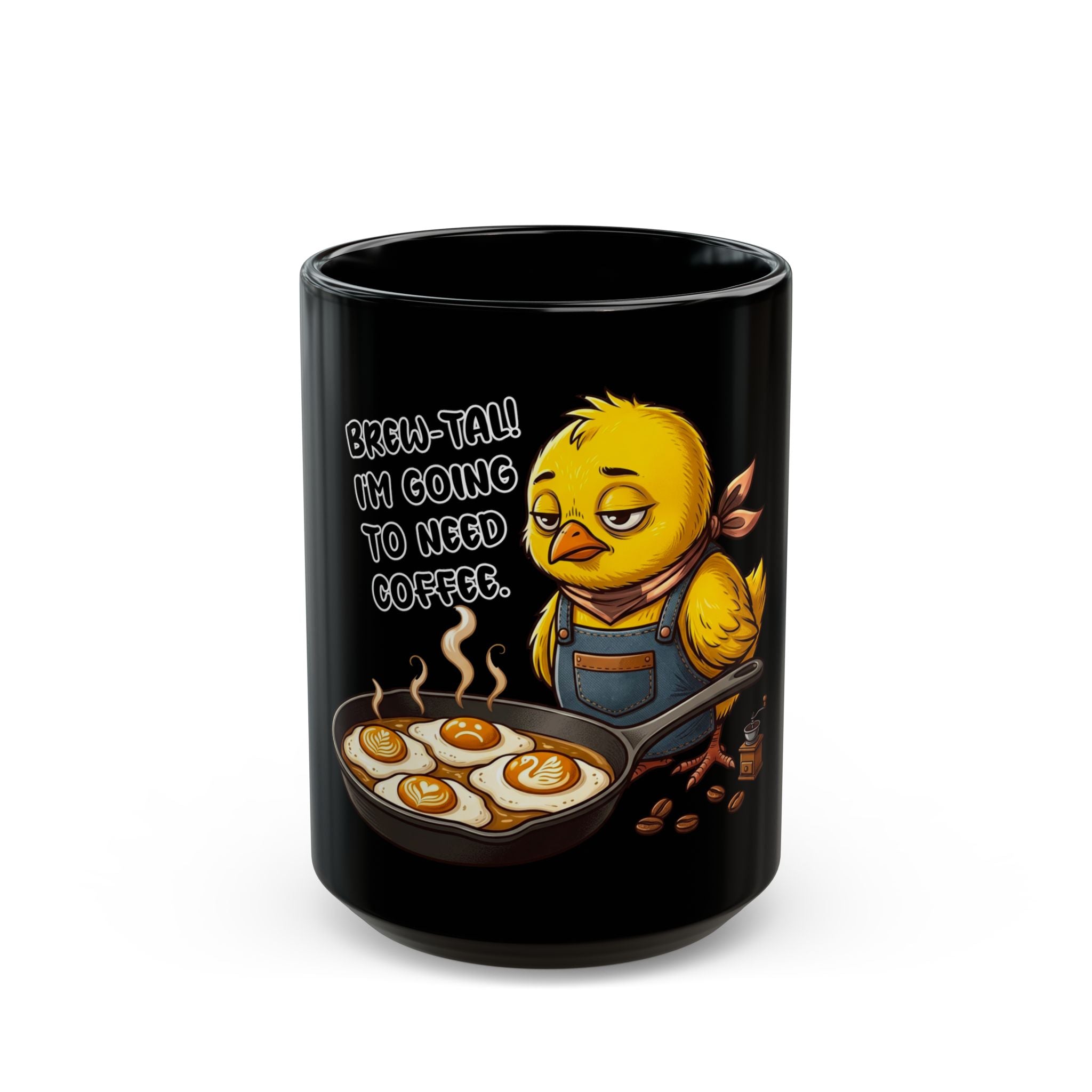 Black coffee mug featuring a tired chick wearing an apron, cooking eggs with latte art designs.