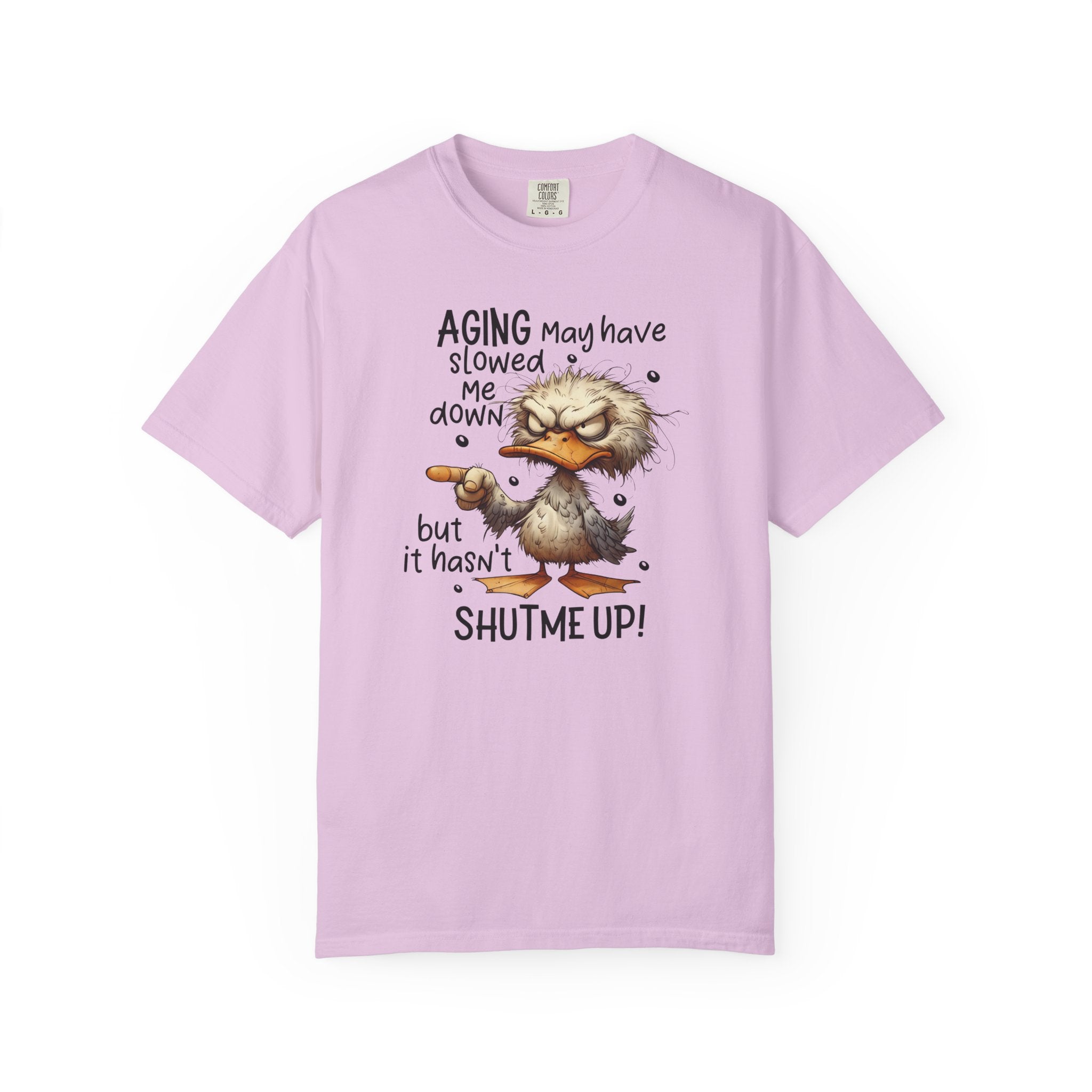 A light purple heavyweight cotton t-shirt featuring a grumpy duck pointing and humorous text.