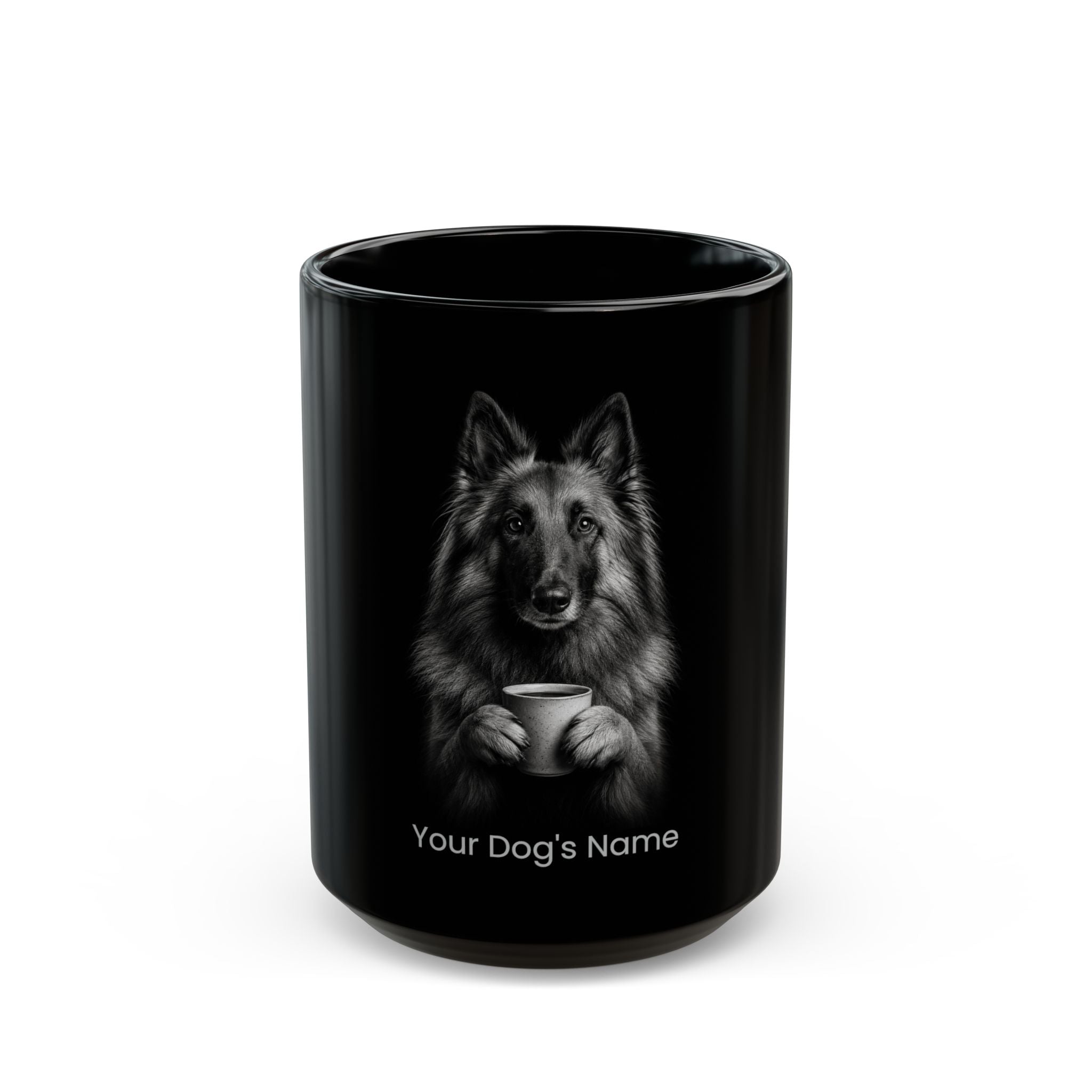 Personalized Belgian Tervuren black ceramic coffee mug with custom dog name