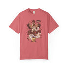 A coral-colored unisex cotton t-shirt featuring a vintage graphic of a rooster pouring coffee.