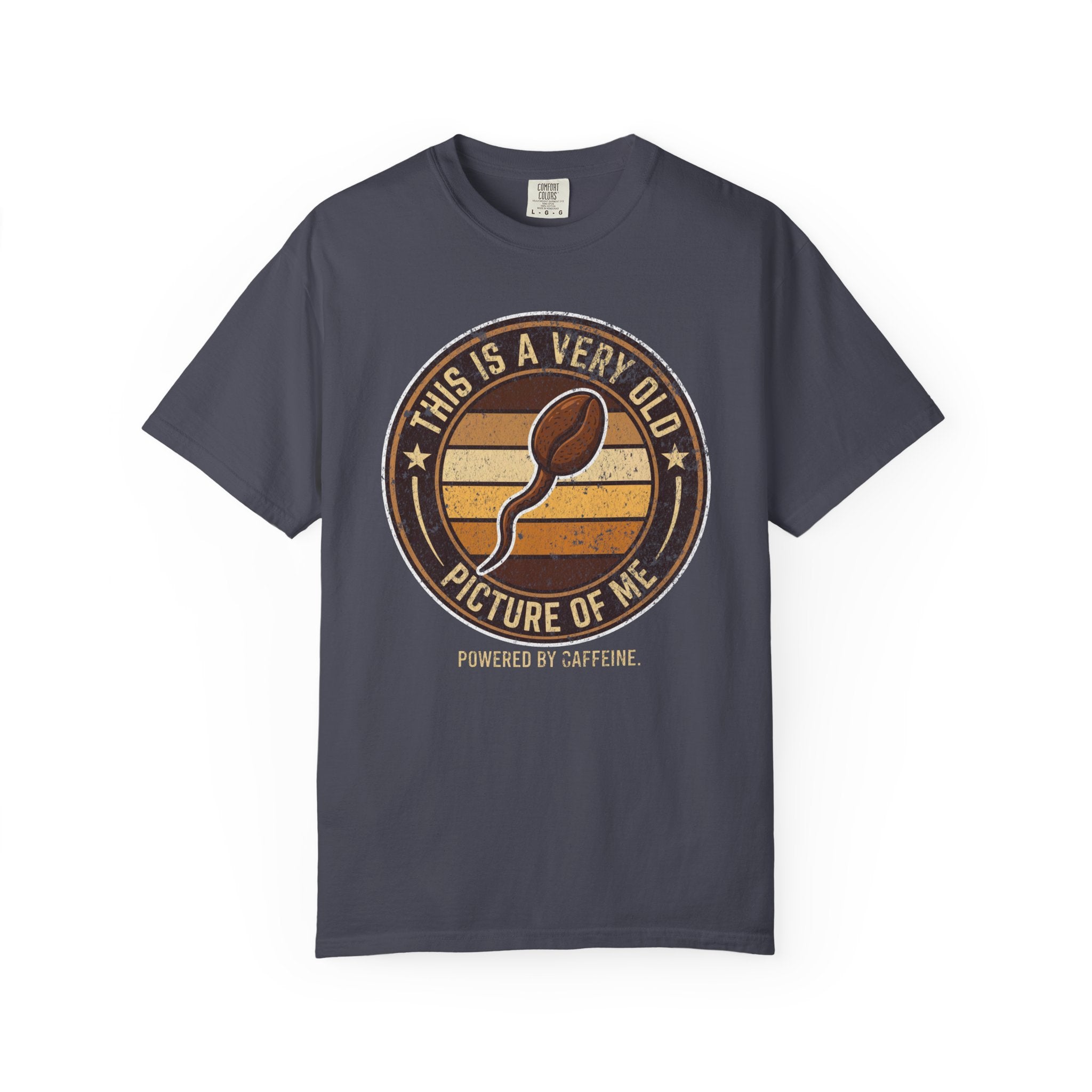 Dark grey t-shirt with a vintage-style graphic of a coffee bean shaped like a sperm cell.