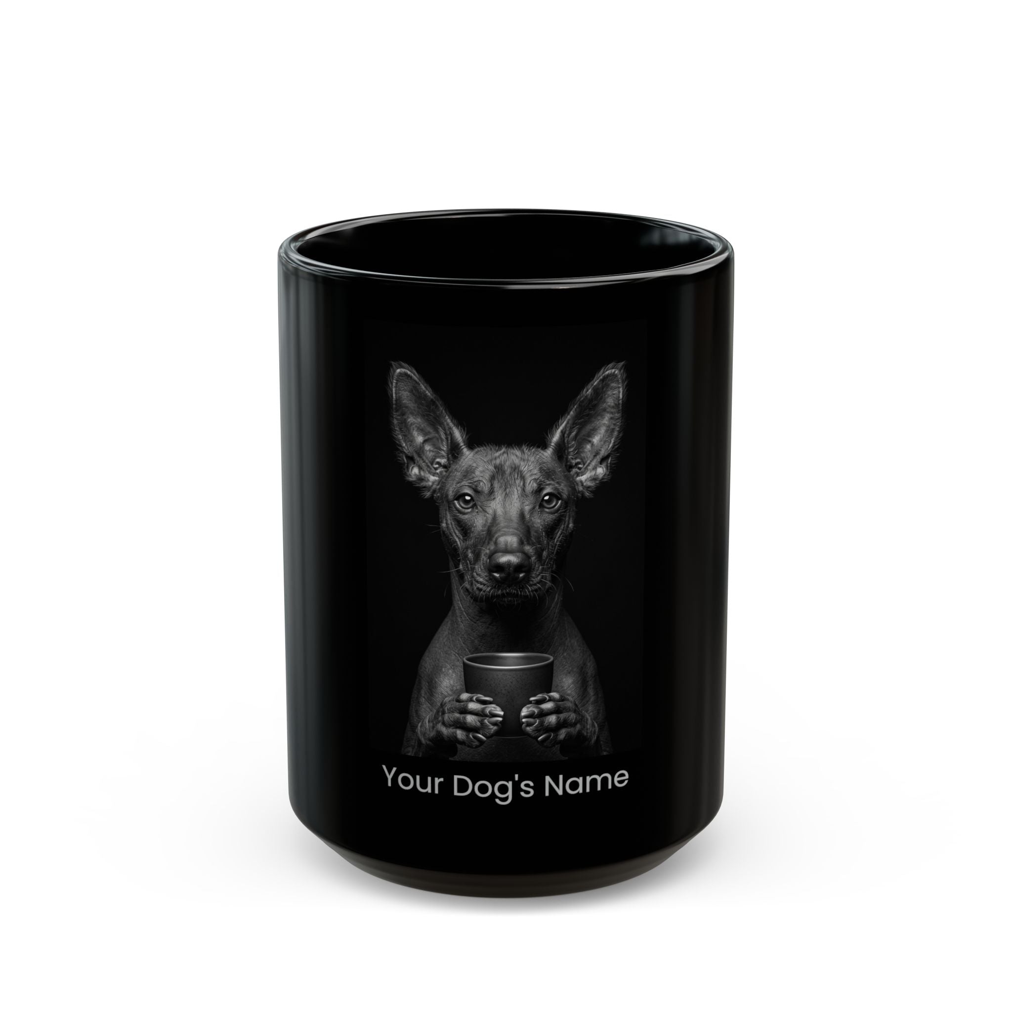 Personalized Xoloitzcuintli black ceramic coffee mug with custom dog name