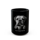 Personalized Continental Bulldog black ceramic coffee mug with custom dog name