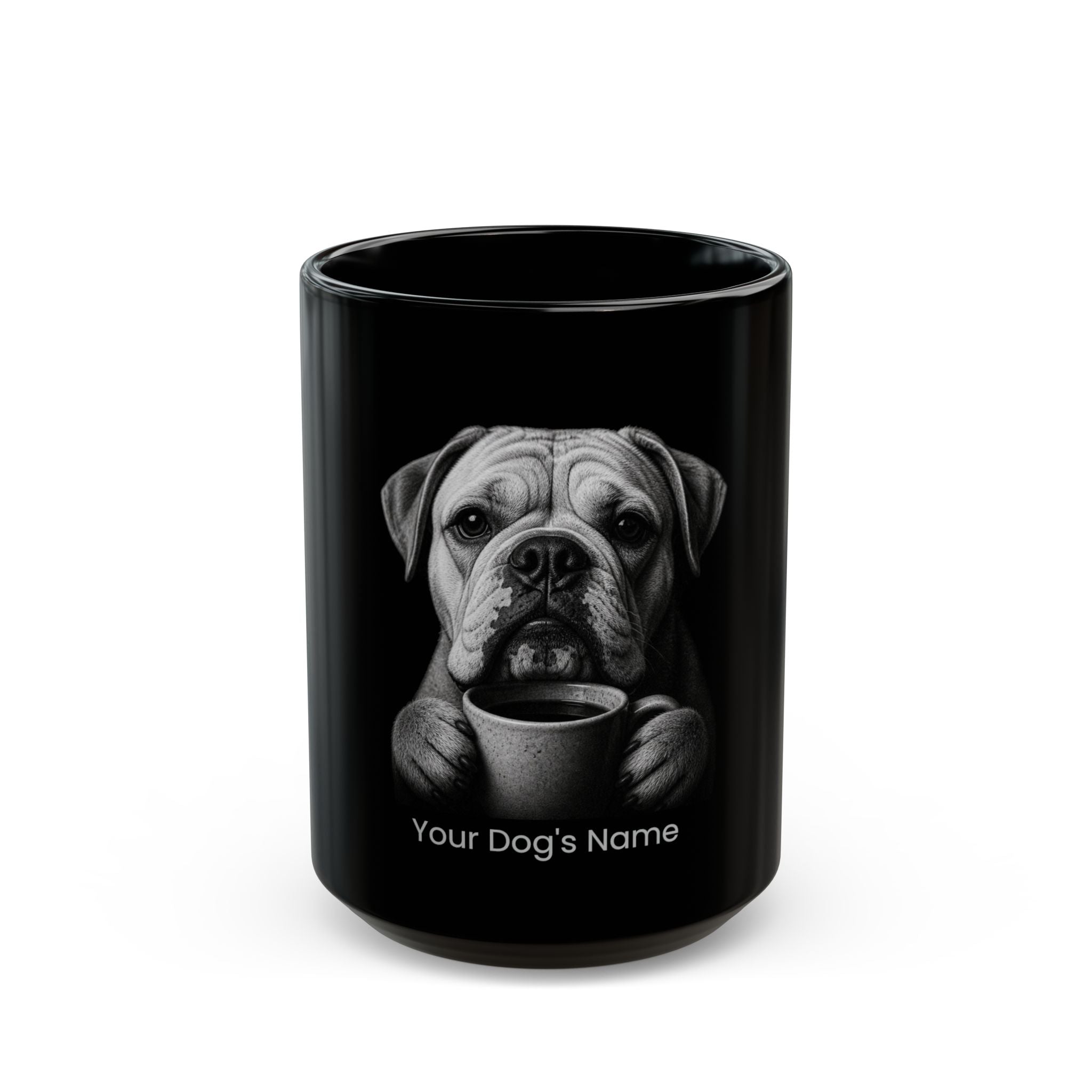 Personalized Continental Bulldog black ceramic coffee mug with custom dog name
