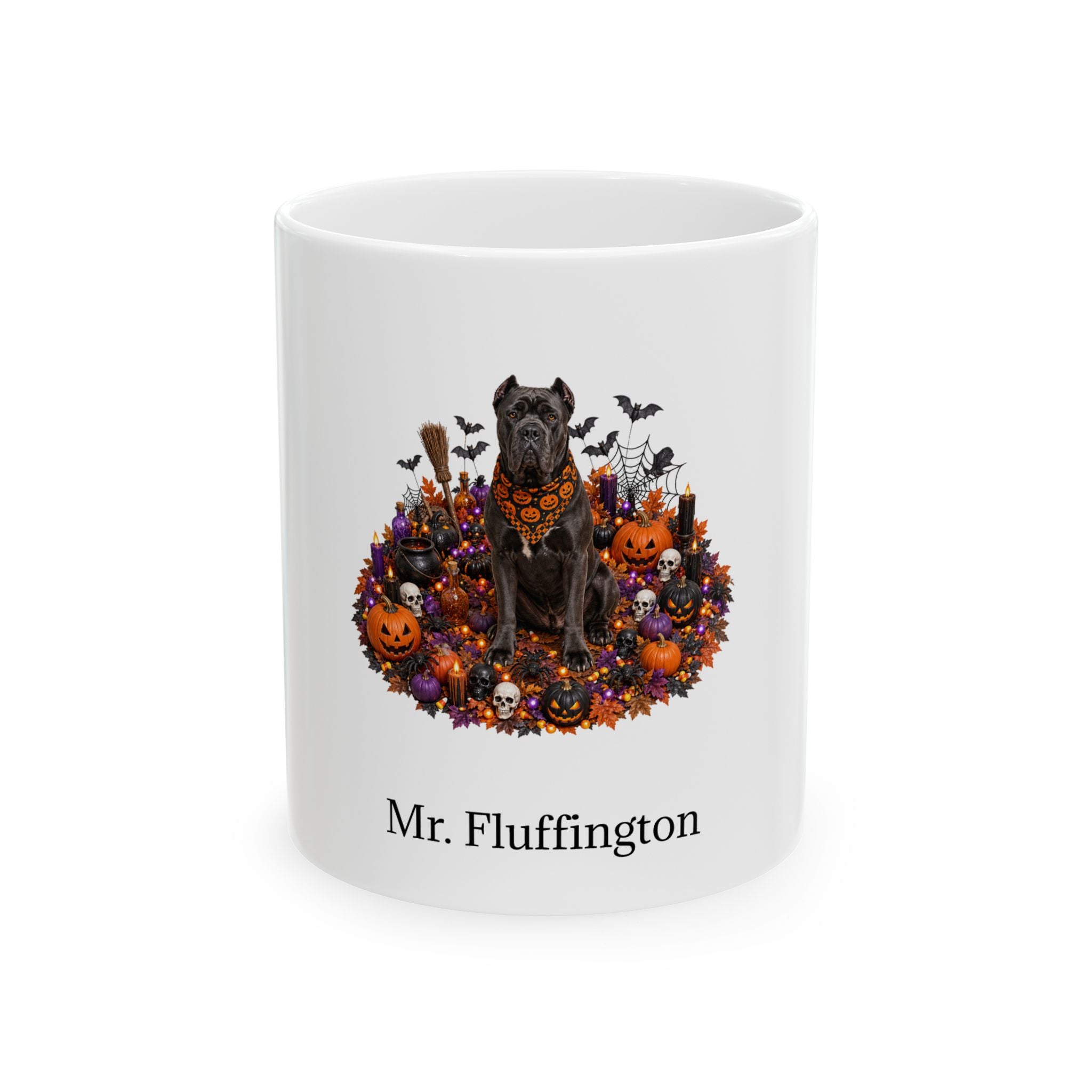 Personalized Cane Corso dog Halloween mug, 15oz white ceramic, with custom pet name on front