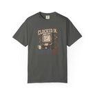 Dark grey Comfort Colors 1717 t-shirt with a vintage clock and coffee graphic.
