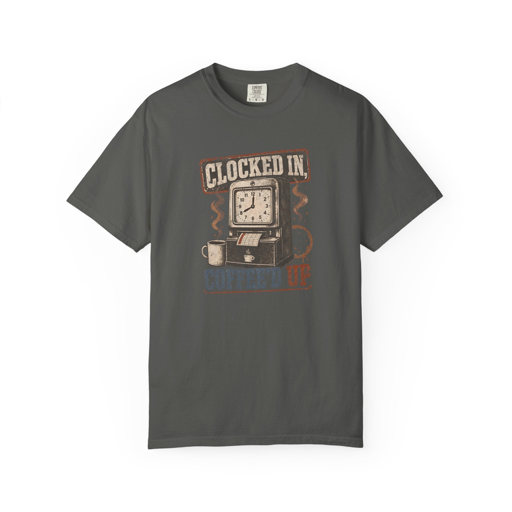 Dark grey Comfort Colors 1717 t-shirt with a vintage clock and coffee graphic.