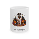 Personalized Pointer dog Halloween mug, 11oz white ceramic, with custom pet name on front