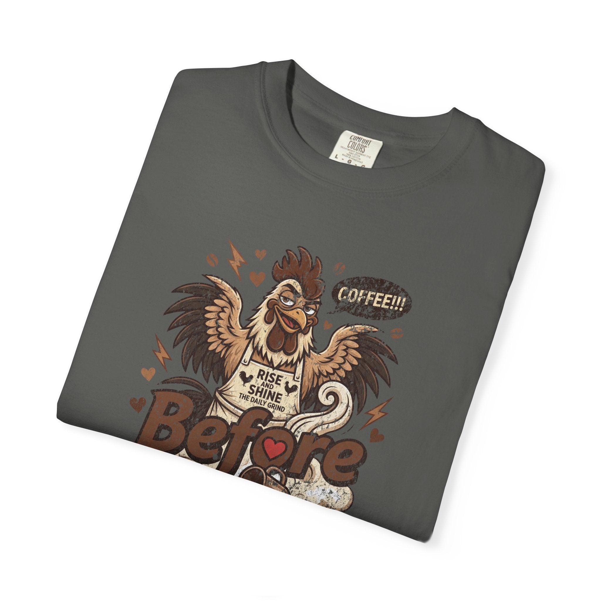 Charcoal grey unisex t-shirt featuring a distressed graphic of a rooster wearing a coffee apron.