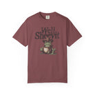Maroon unisex cotton t-shirt featuring a graphic of a cowboy frog holding a coffee mug.