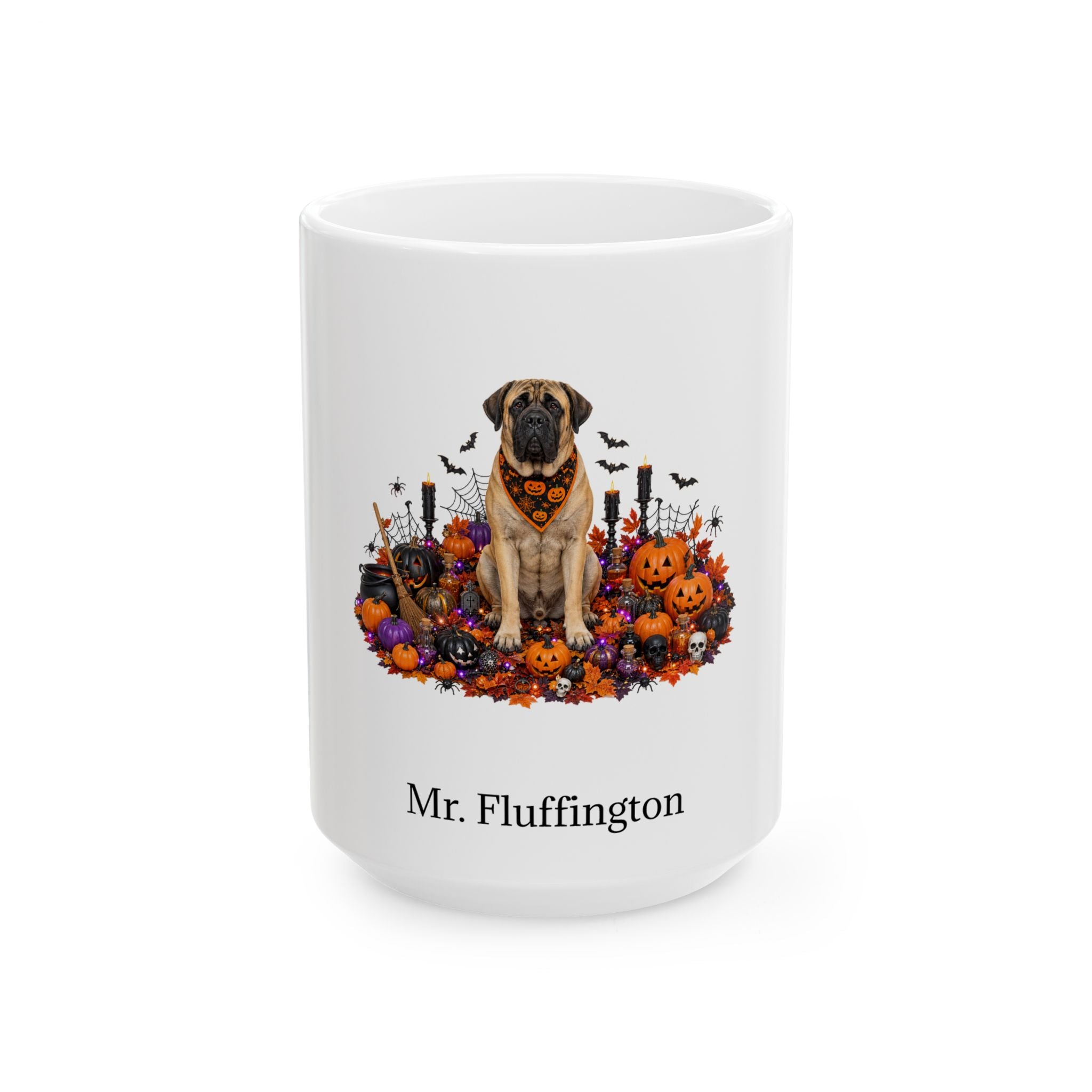 Personalized Mastiff dog Halloween mug, 15oz white ceramic, with custom pet name on front
