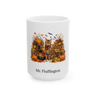 Personalized Bengal cat Halloween mug, 15oz white ceramic, with custom pet name on front