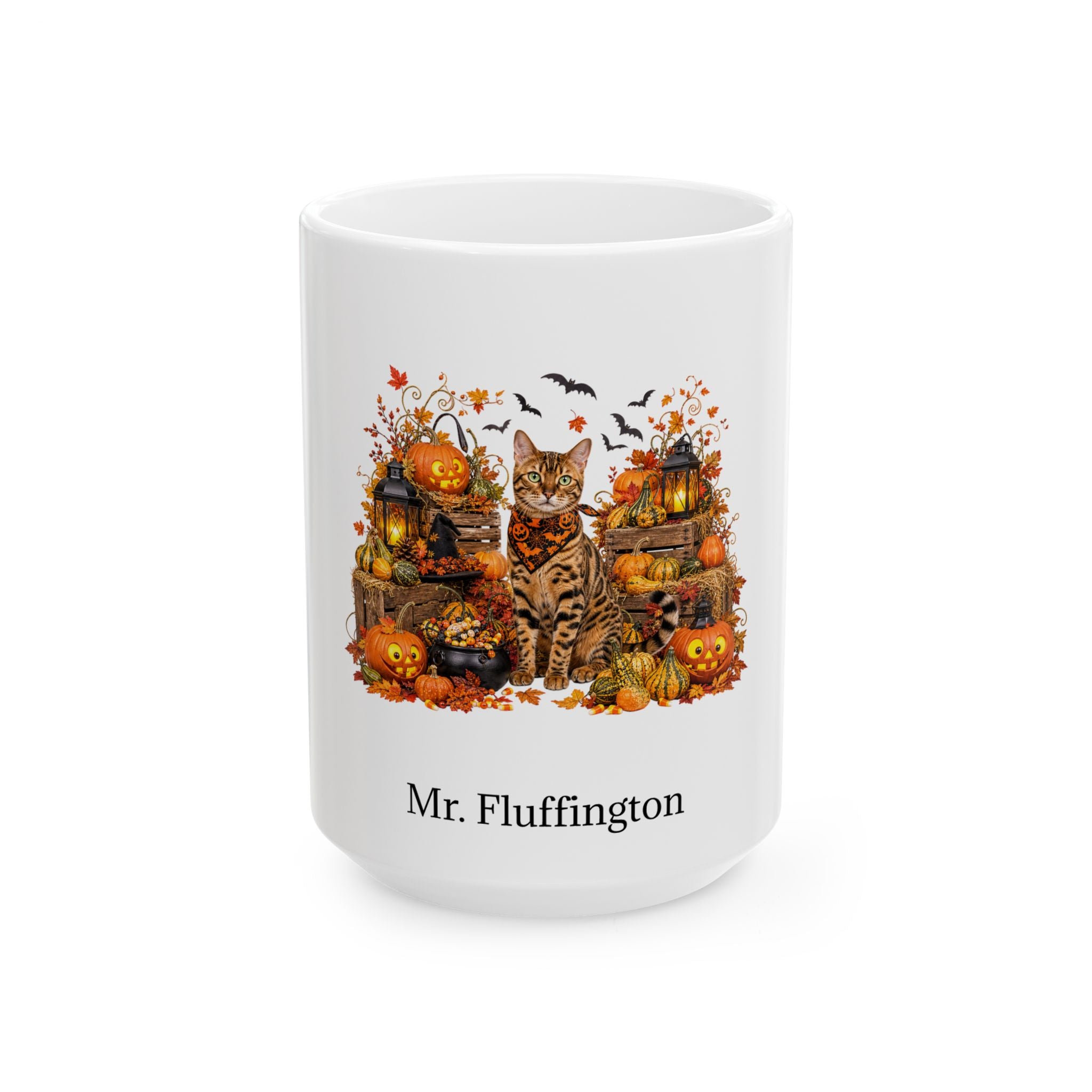 Personalized Bengal cat Halloween mug, 15oz white ceramic, with custom pet name on front