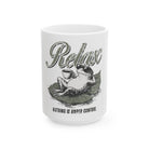 White ceramic mug featuring a graphic of a frog in sunglasses relaxing on a leaf with coffee.