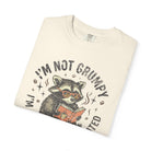 Cream-colored unisex t-shirt featuring a graphic of a raccoon wearing glasses and reading a book.