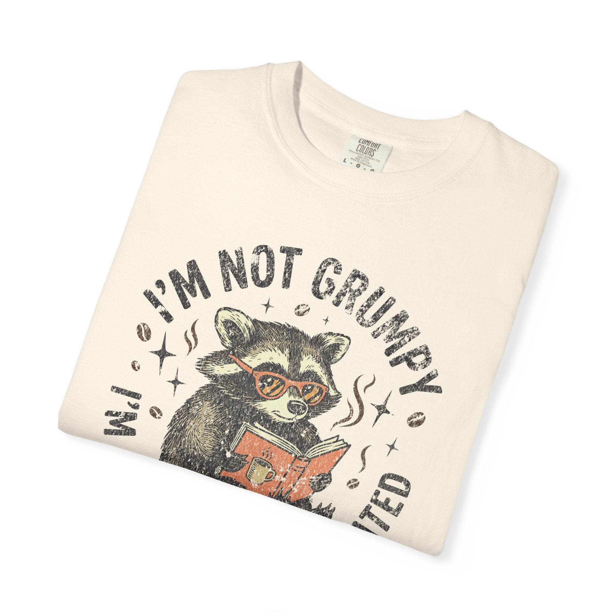 Cream-colored unisex t-shirt featuring a graphic of a raccoon wearing glasses and reading a book.