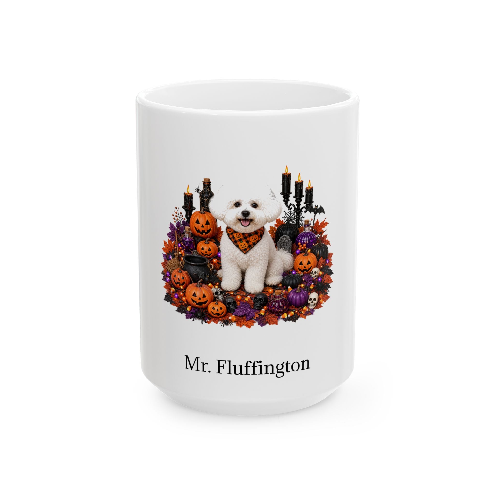 Personalized Bichon Frise dog Halloween mug, 11oz white ceramic, with custom pet name on front