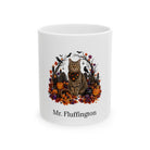 Personalized American Wirehair cat Halloween mug, 11oz white ceramic, with custom pet name on front