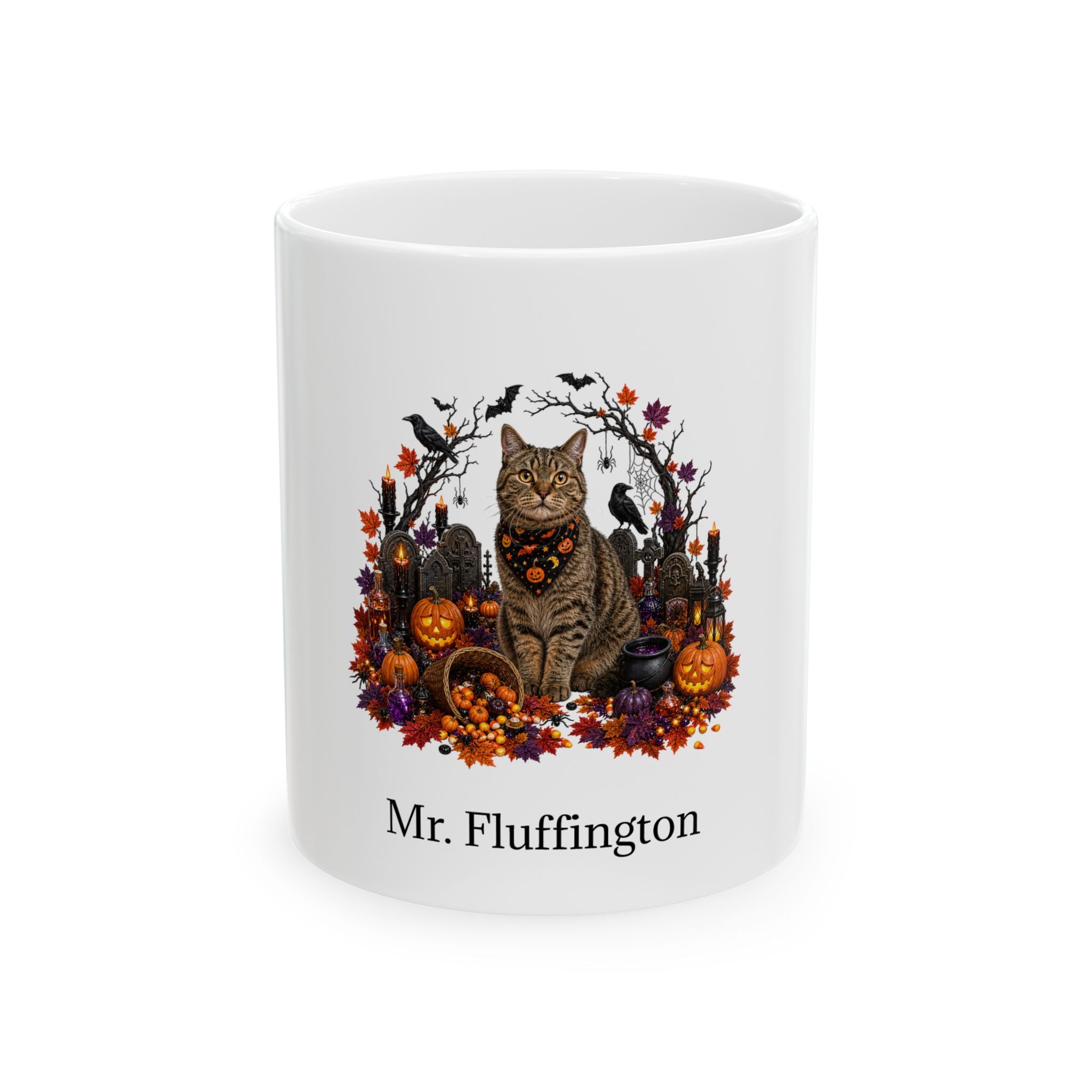 Personalized American Wirehair cat Halloween mug, 11oz white ceramic, with custom pet name on front