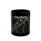 Black ceramic mug featuring a cartoon Grim Reaper holding a seam ripper with Grim Ripper text.