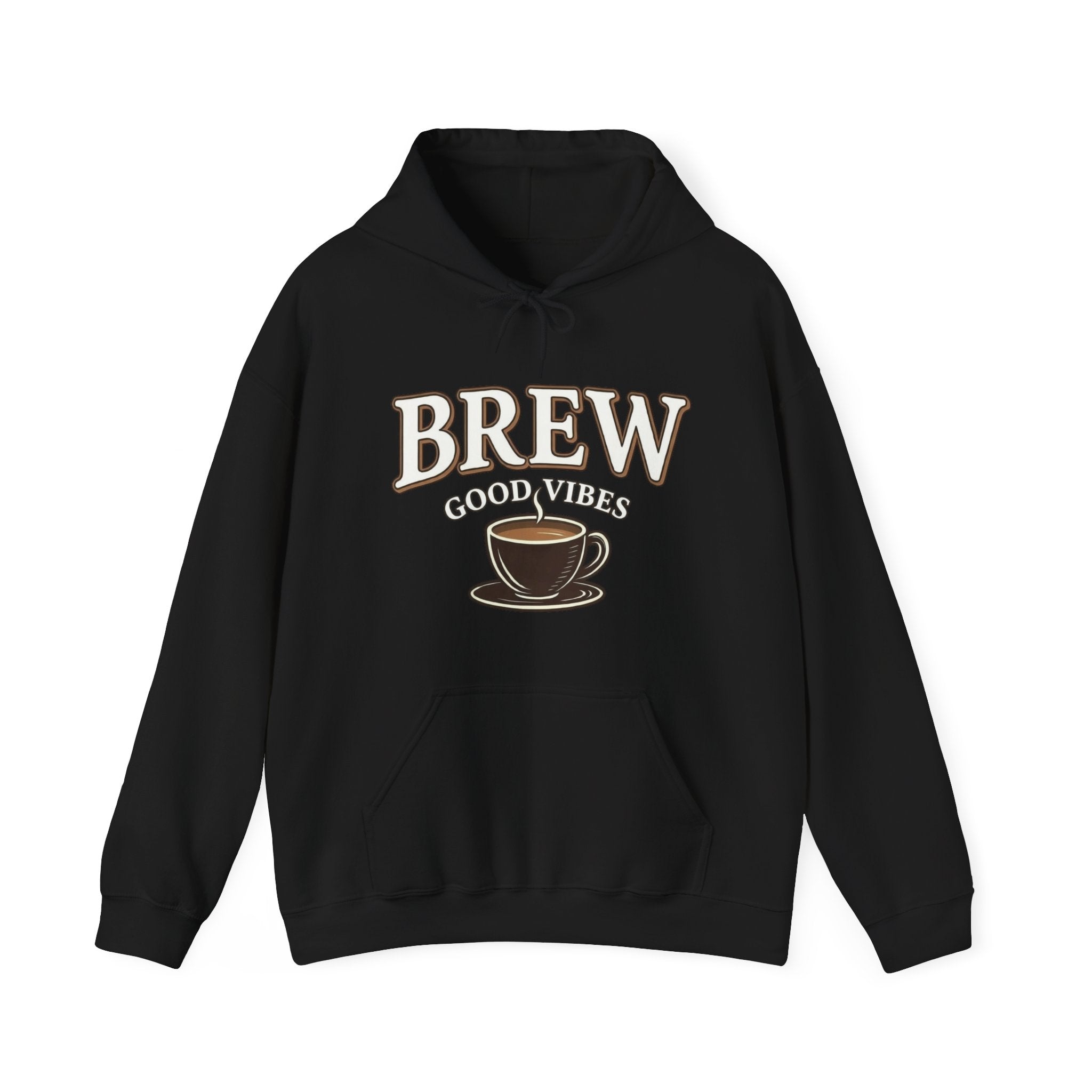 A black hoodie with "BREW GOOD VIBES" text and a coffee cup graphic.