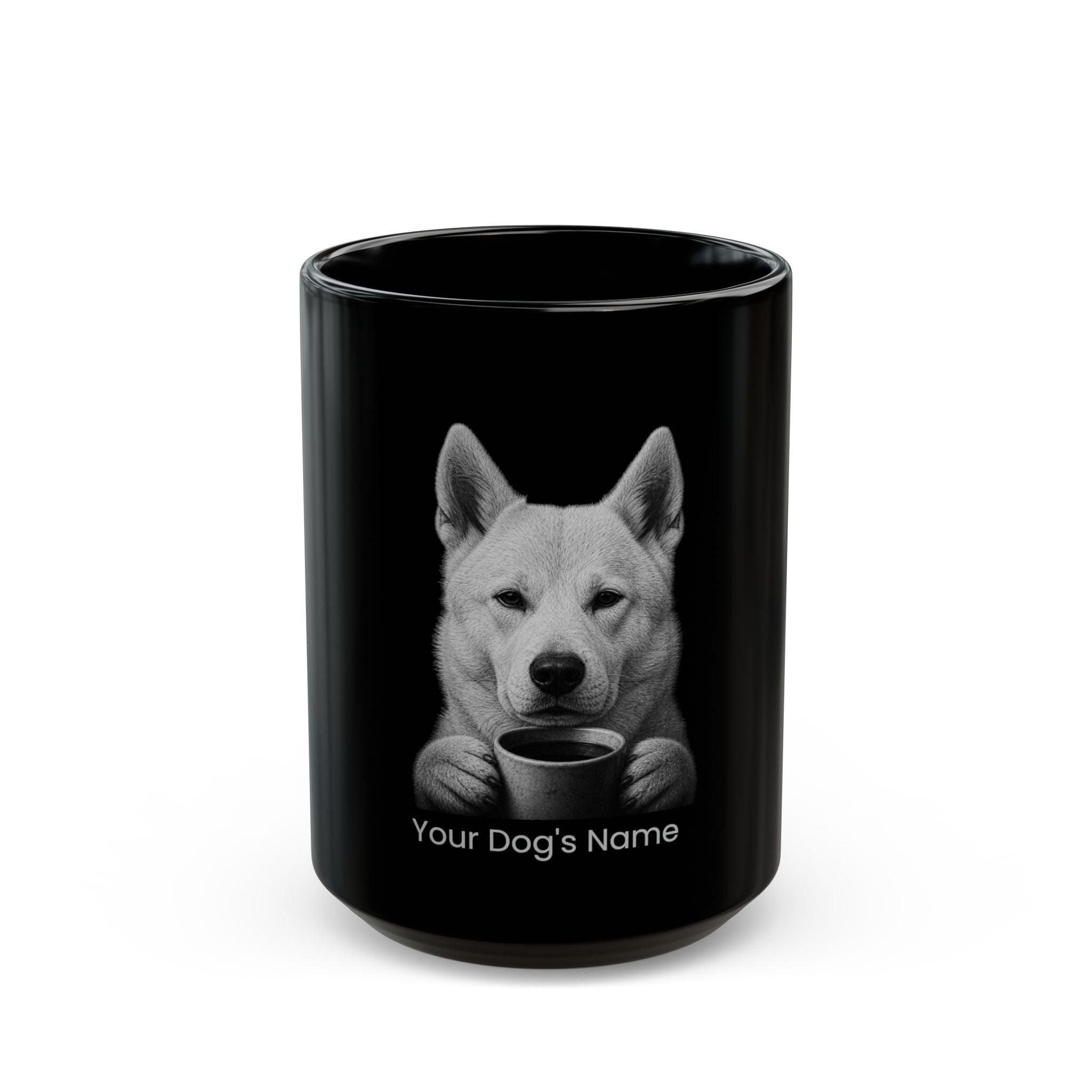 Personalized Korean Jindo black ceramic coffee mug with custom dog name