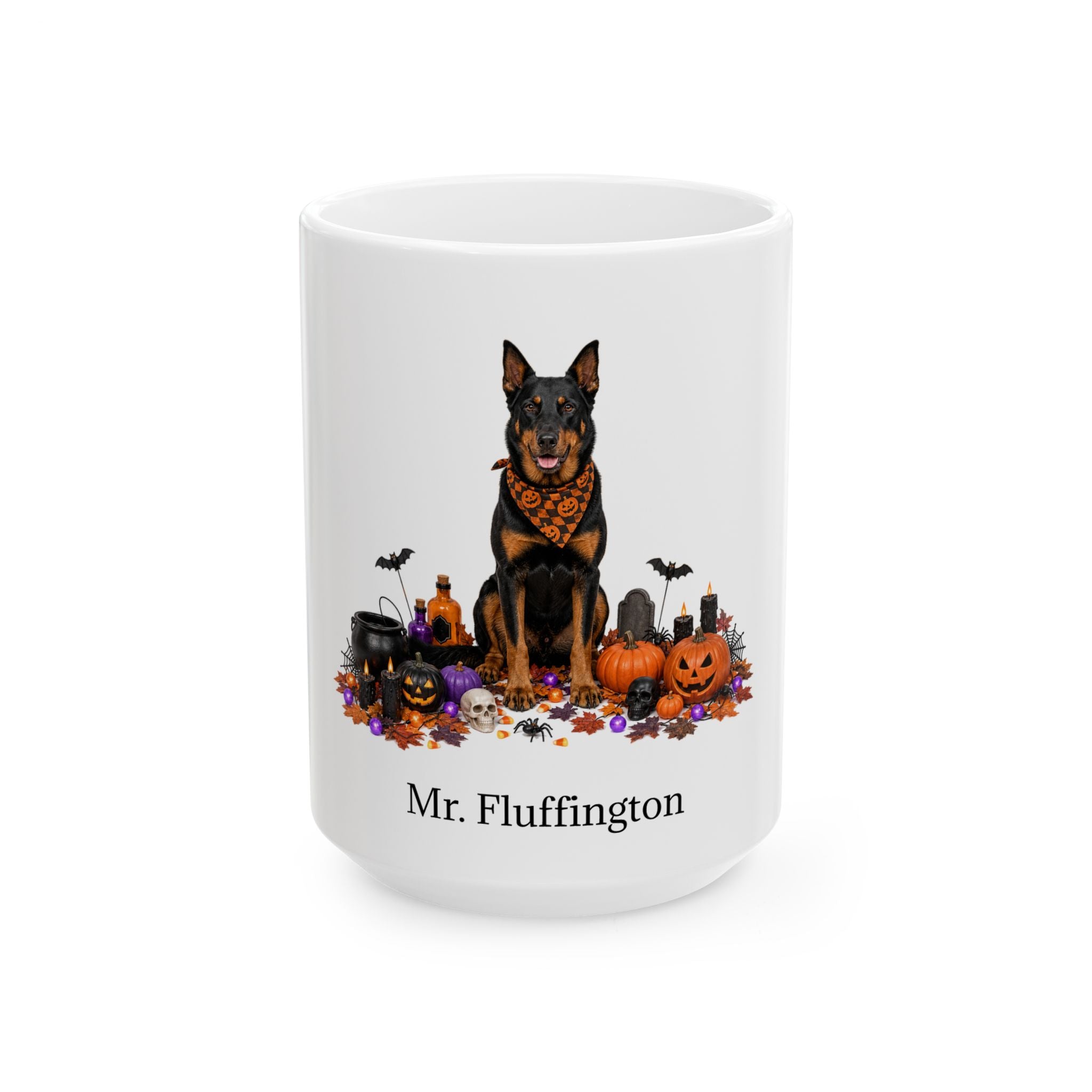 Angled Beauceron dog Halloween mug with personalized pet name and fall design — image 3